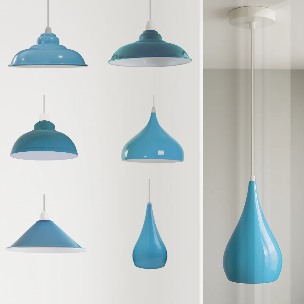 Five vintage industrial pendant light metal shades in different shapes including Curvy, Mosque, Semi Curvy, Tear Drop, and Cone