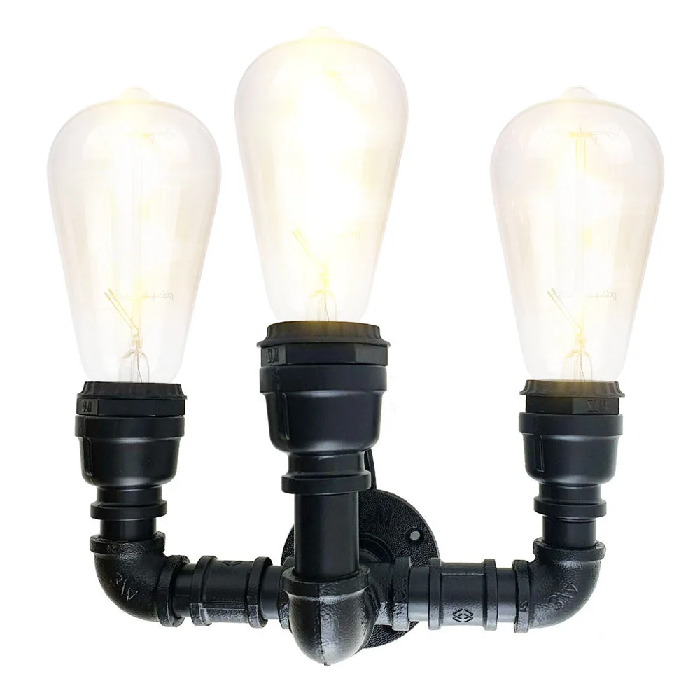 Steampunk industrial pipe wall light with three exposed Edison bulb fittings in black cast iron finish mounted on wall