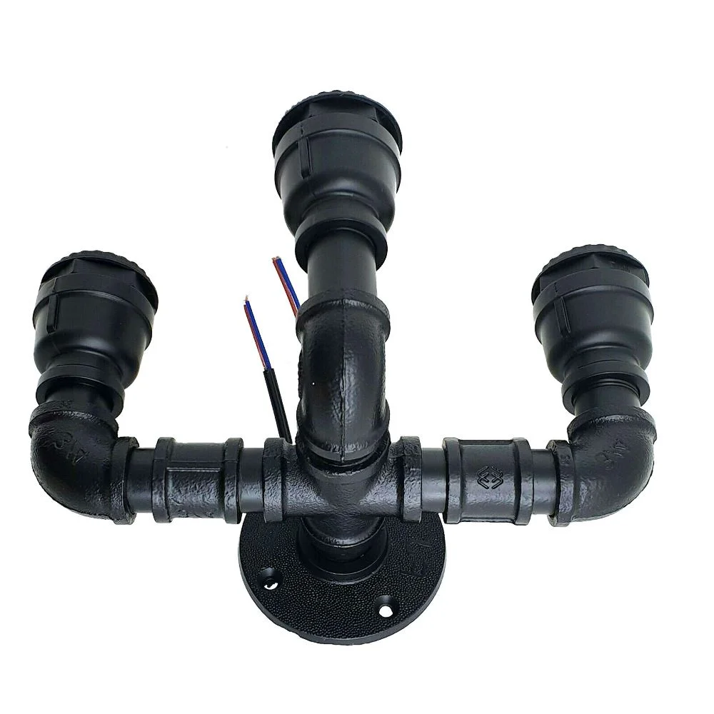 Steampunk 3-way E27 wall lamp in matt black cast iron with exposed filament bulbs, industrial pipe design on wall