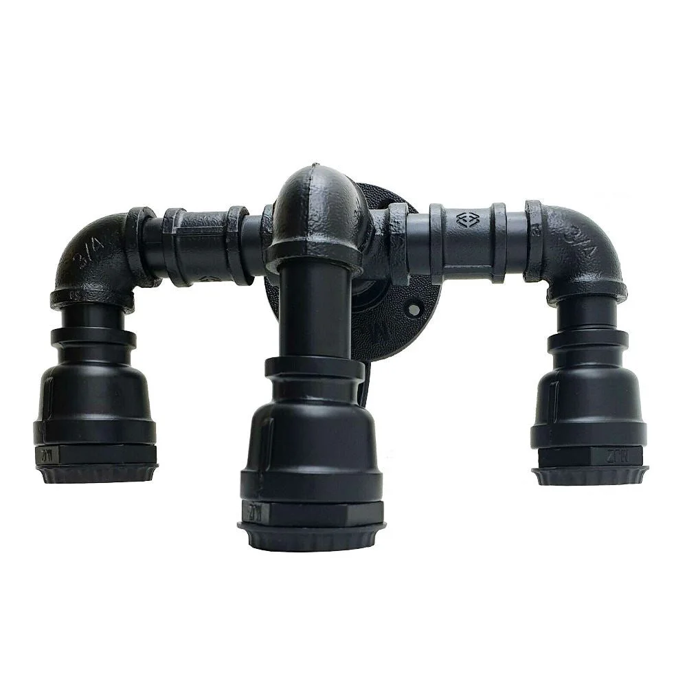 Steampunk cast iron wall light with three exposed E27 bulb fittings and industrial pipe design in matte black finish
