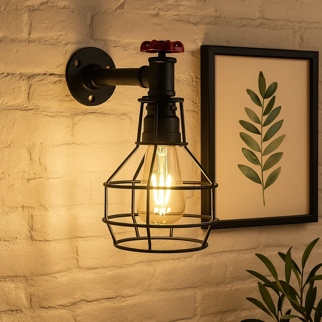 Black industrial pipe wall light with metal cage, red valve detail, and adjustable pulley for height and angle control