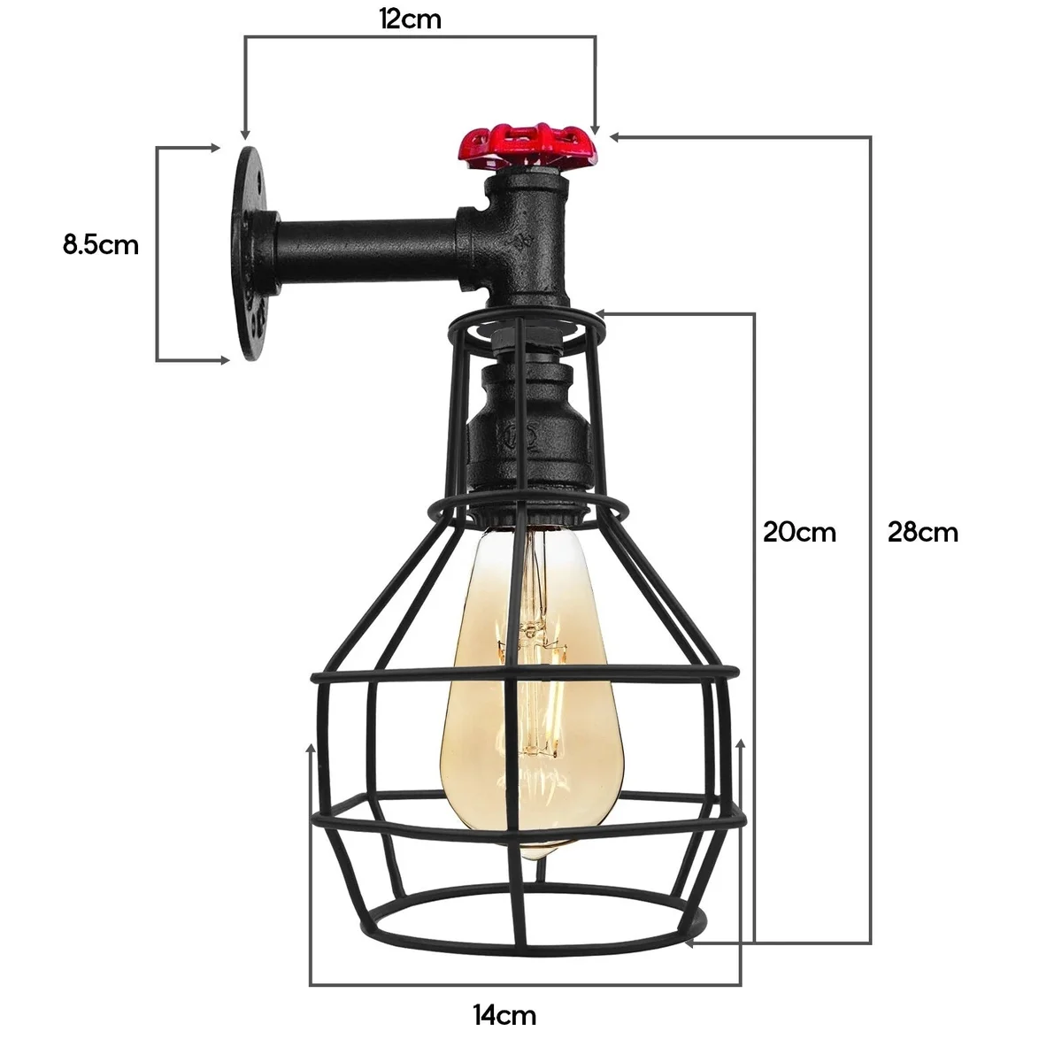 Black metal wall light with industrial pipe cage design, red valve detail, and adjustable pulley mechanism on wall mount