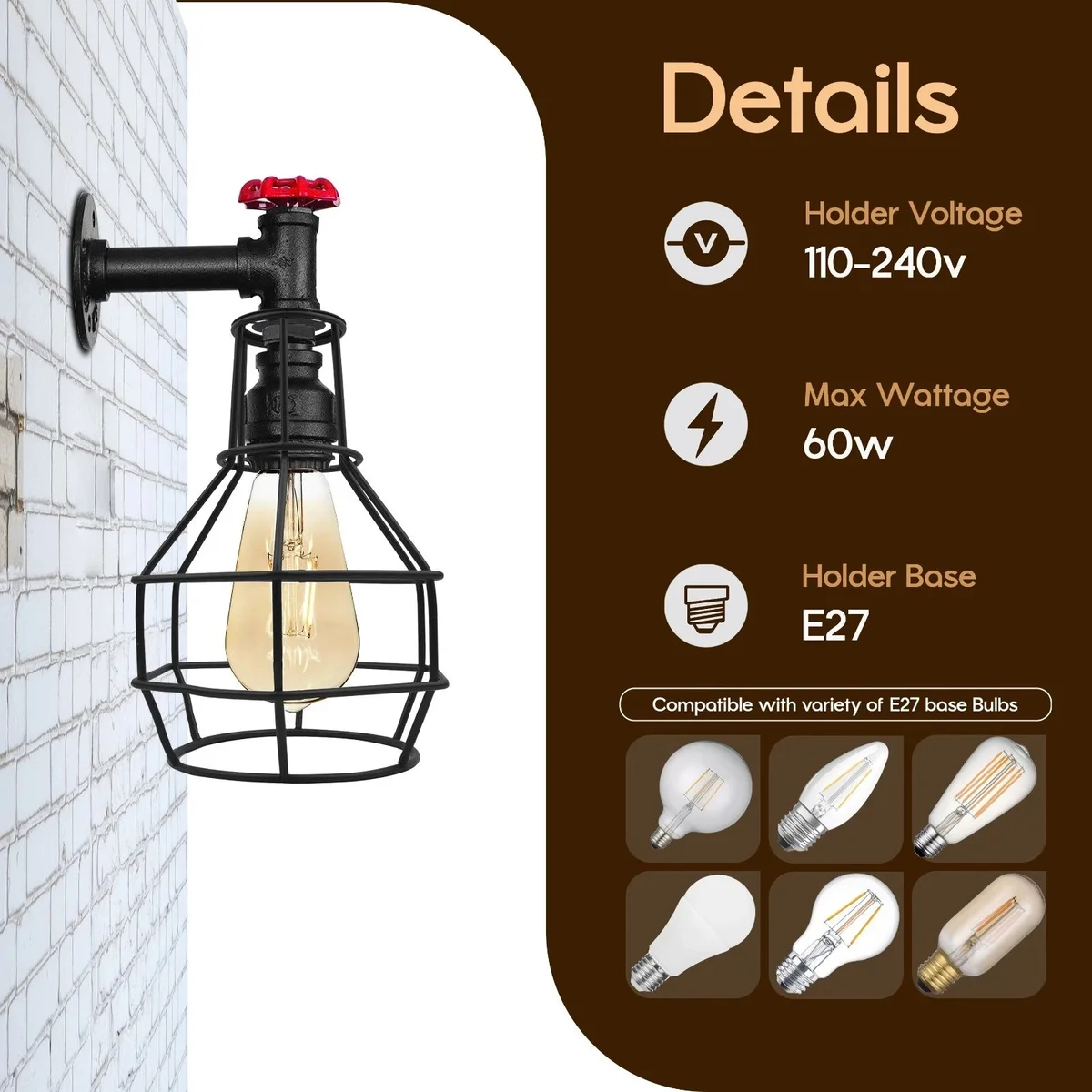 Black vintage industrial wall lamp with metal cage, red valve detail, and adjustable pulley mounting on white wall background