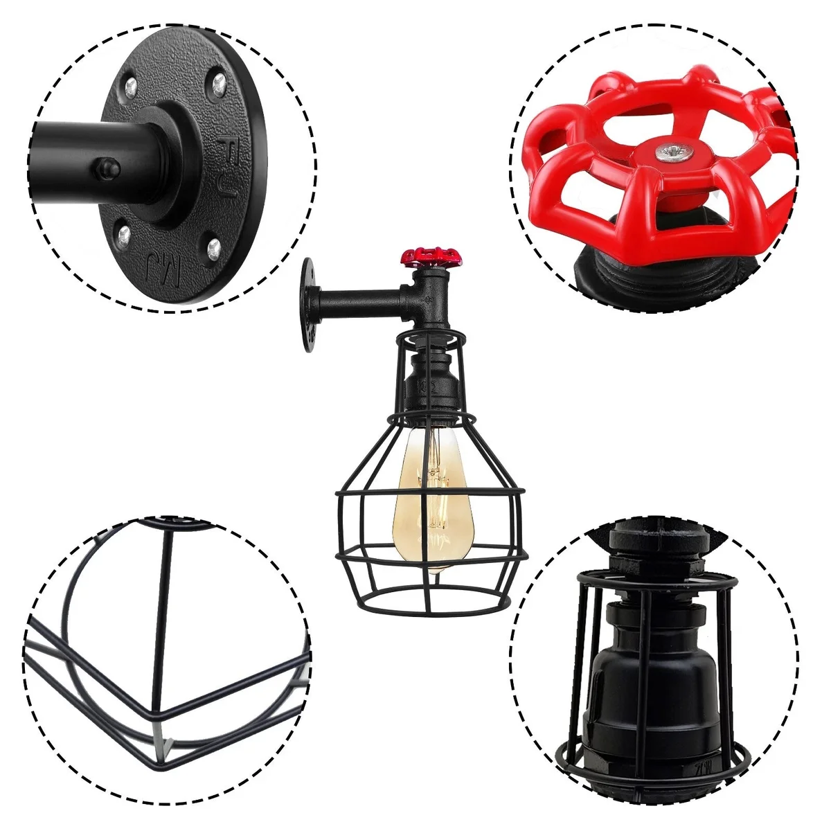 Black industrial pipe cage wall light with red valve detail and adjustable pulley, E27 bulb wall light in vintage style