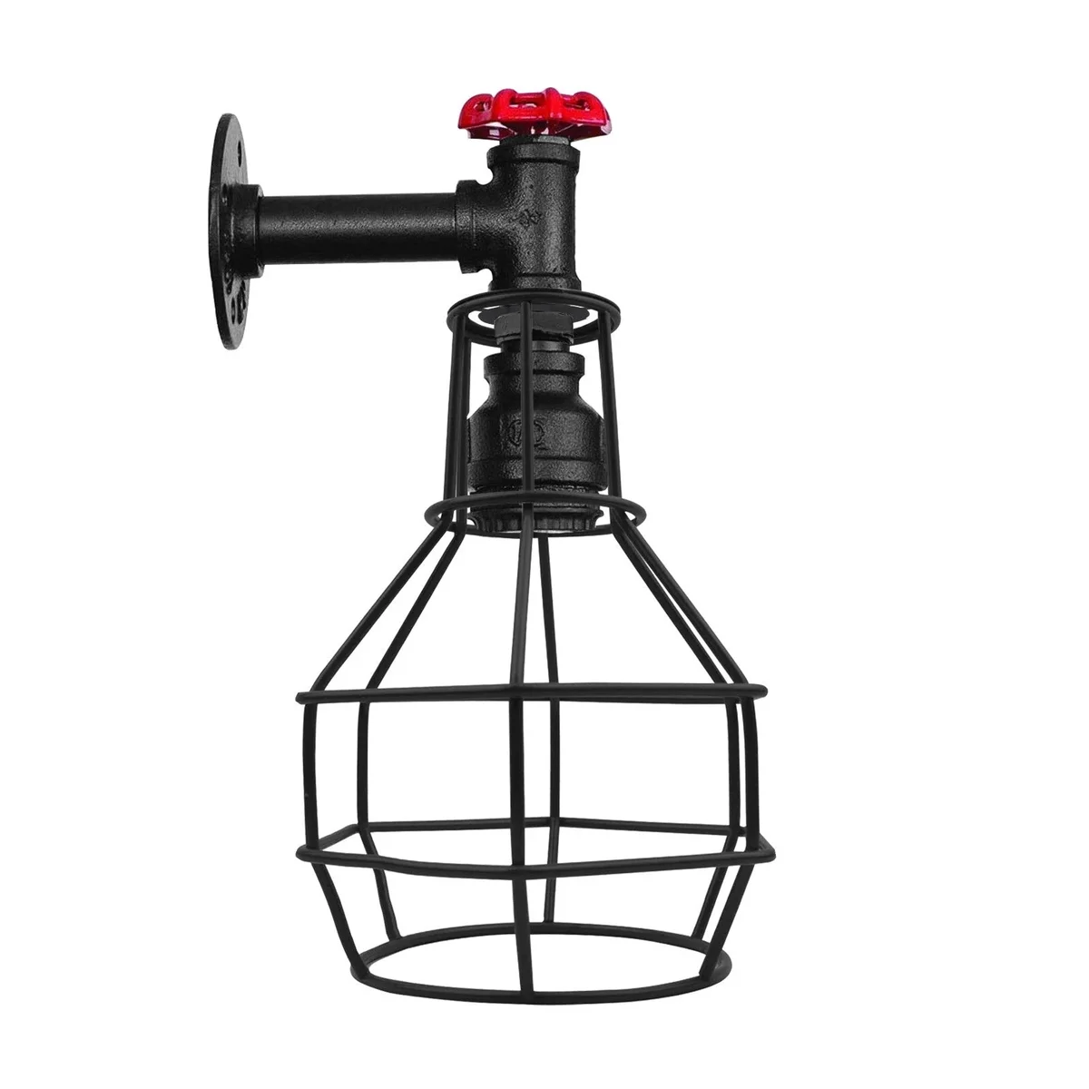 Black industrial adjustable pulley wall lamp with metal cage, red valve detail, and E27 bulb socket on white background