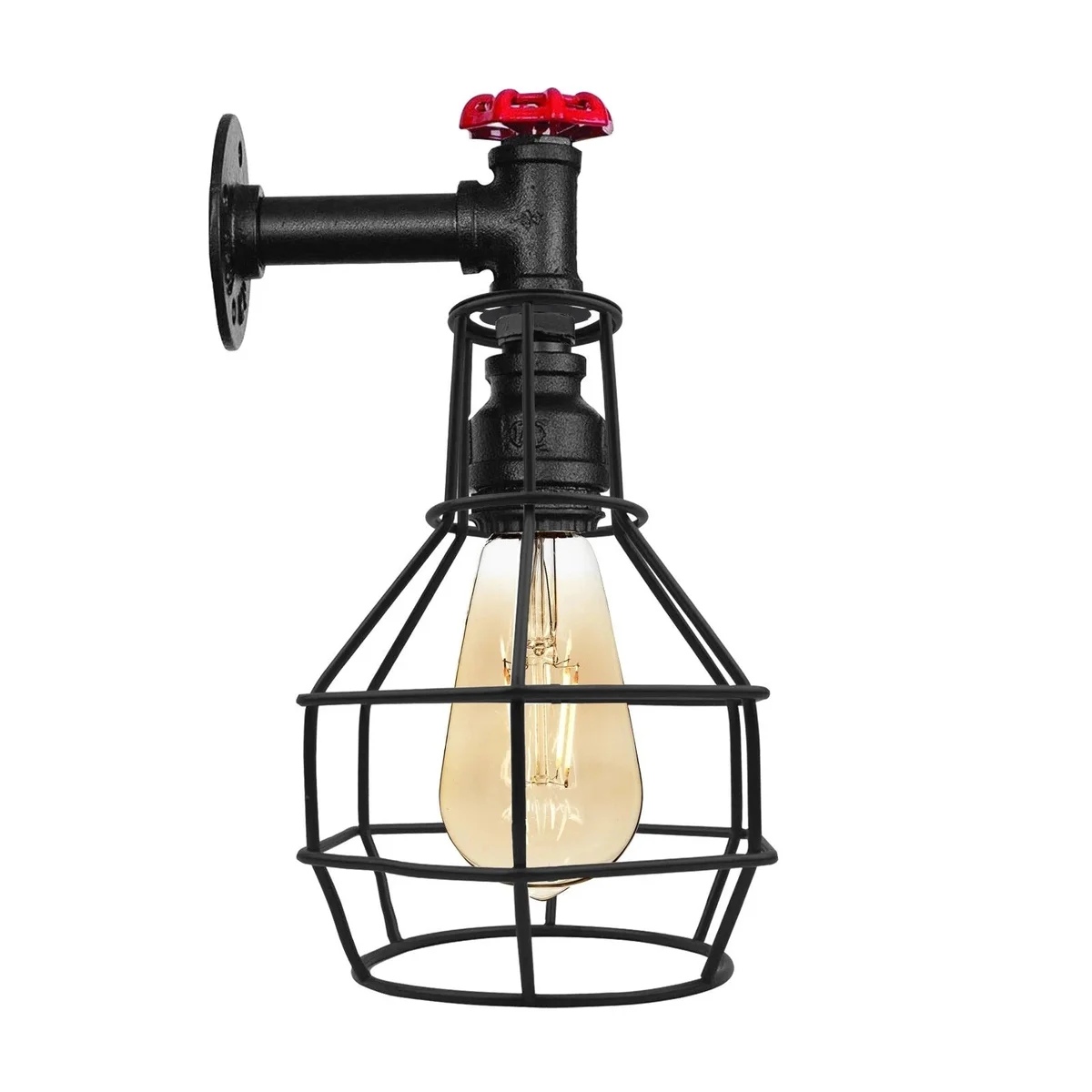 Black industrial pipe wall light with metal cage, red valve detail, and adjustable pulley on a white wall background