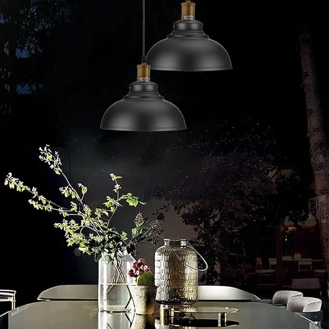 Black metal ceiling pendant with retro industrial design and concrete effect finish, easy fit lampshade for living spaces