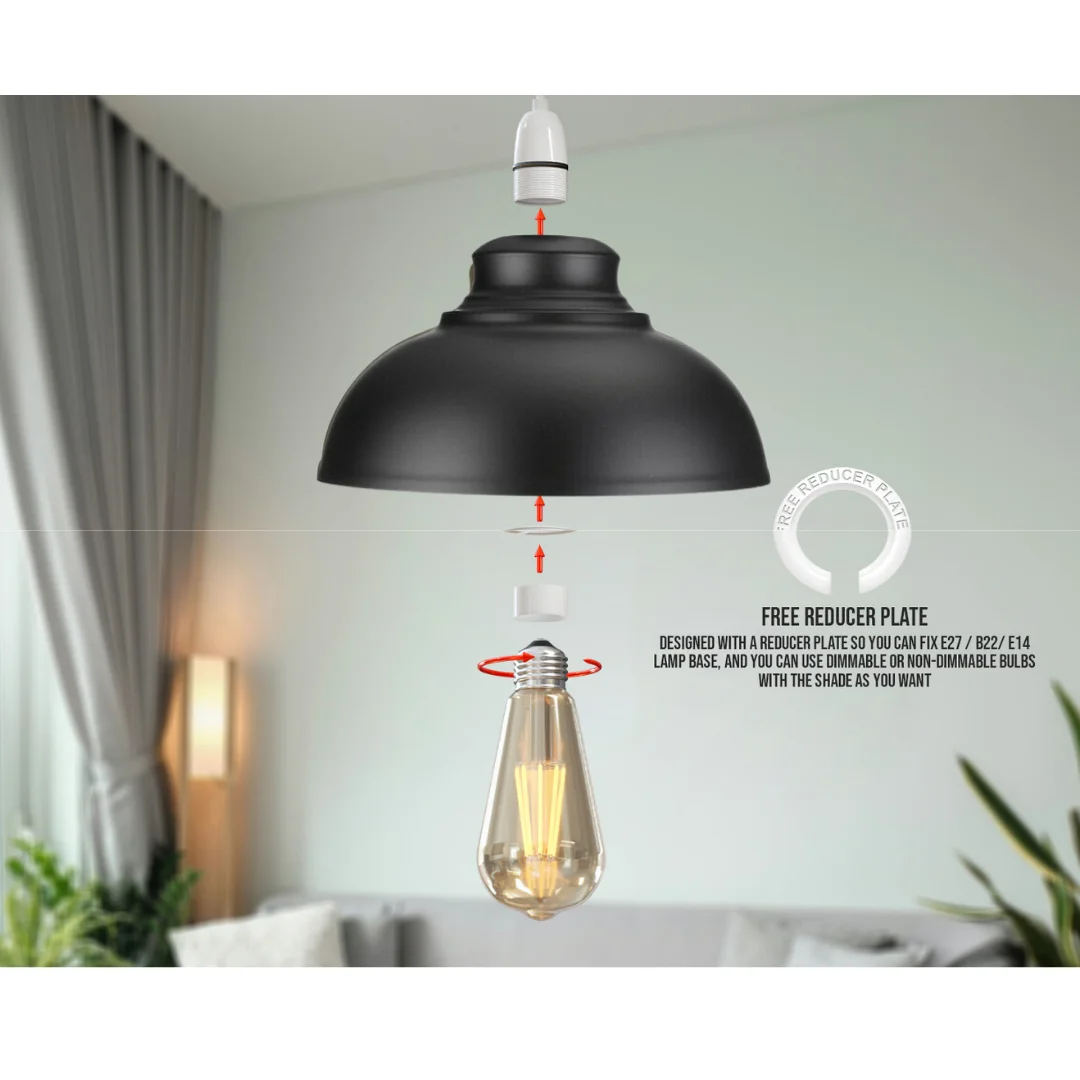 Black metal ceiling pendant with retro industrial design and concrete effect finish hanging from ceiling in a modern room setting