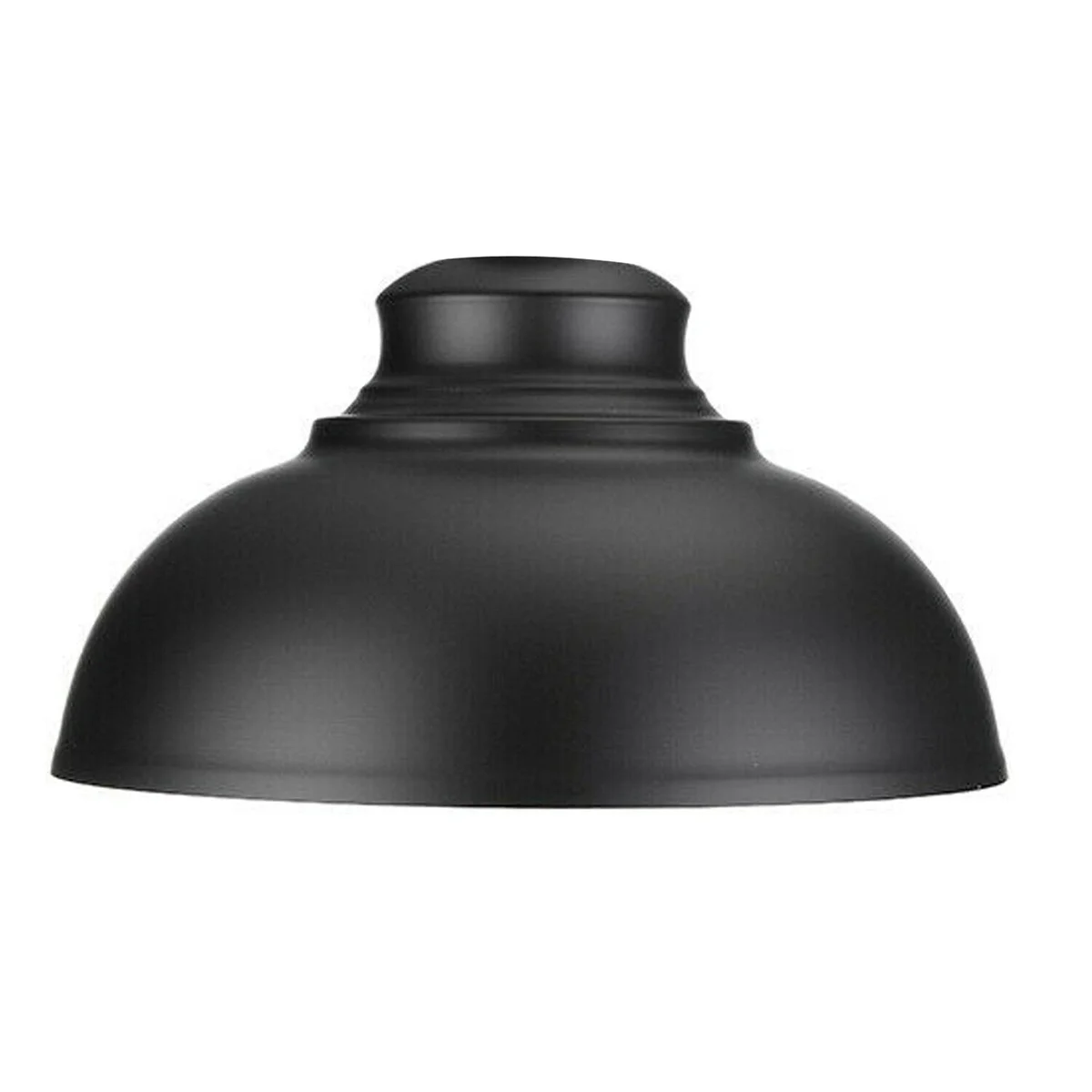 Black metal ceiling pendant light shade with retro industrial design and concrete effect finish hanging against white background