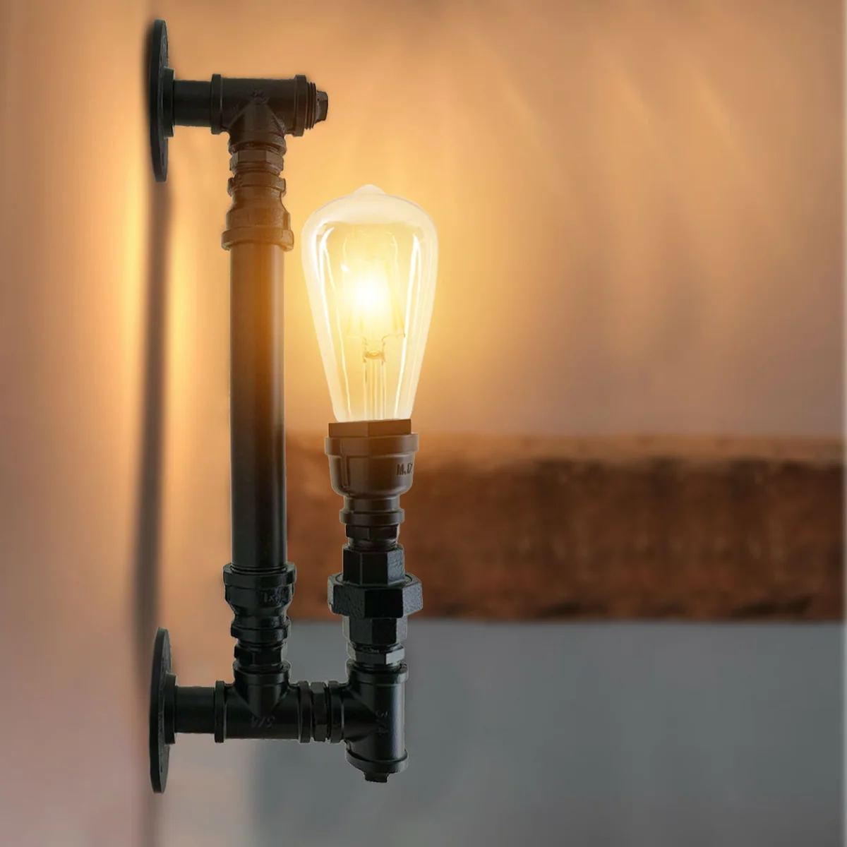 Steampunk pipe wall lamp with rustic red metal pipe frame and exposed Edison bulb for vintage industrial indoor lighting