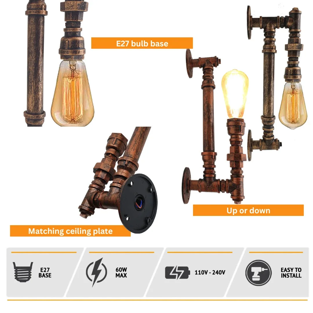 Steampunk pipe wall lamp in brushed copper metal with exposed bulb, ideal for indoor wall lighting in rustic spaces