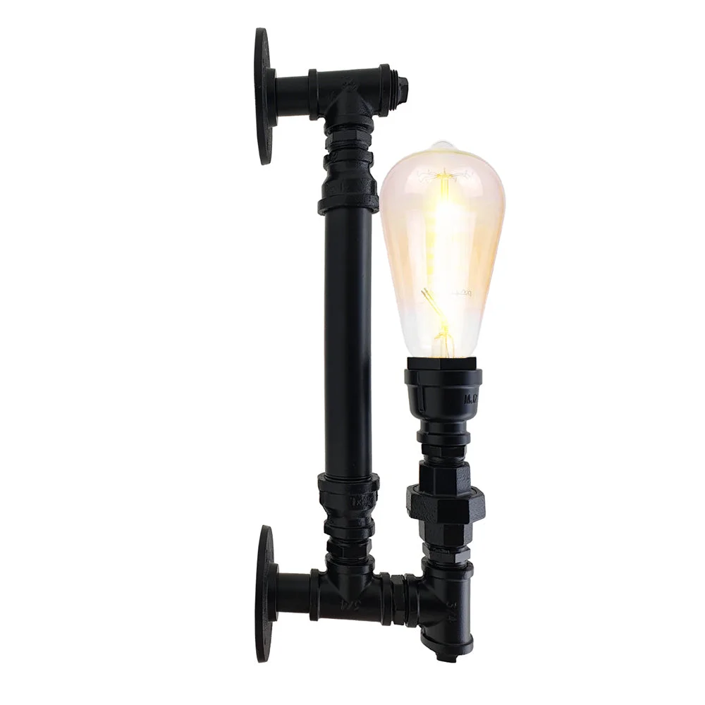 Steampunk pipe wall lamp with rustic red metal pipe frame and exposed bulb, mounted on a white indoor wall