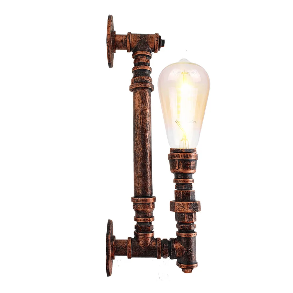 Steampunk pipe wall lamp in brushed copper finish mounted on indoor wall with exposed pipework and vintage bulb