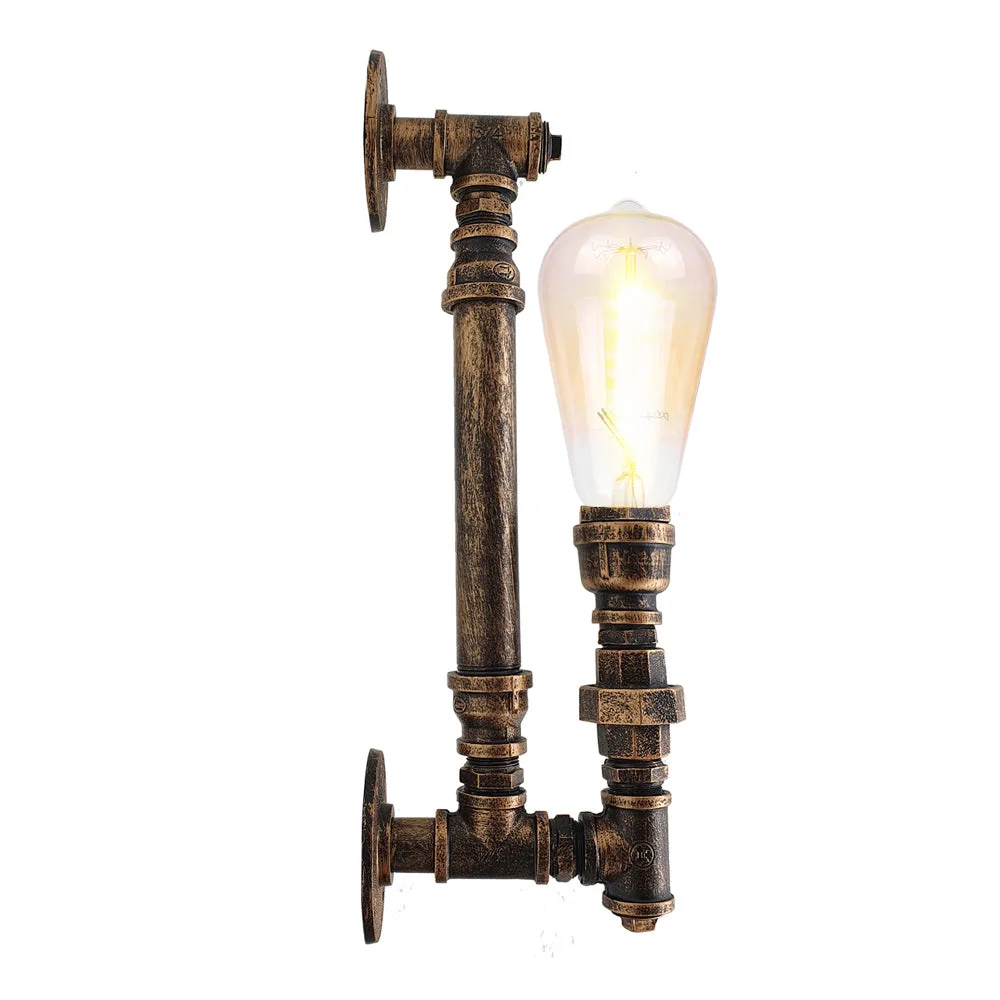 Steampunk pipe wall lamp with rustic metal pipe frame and exposed bulb mounted on indoor wall in industrial style room
