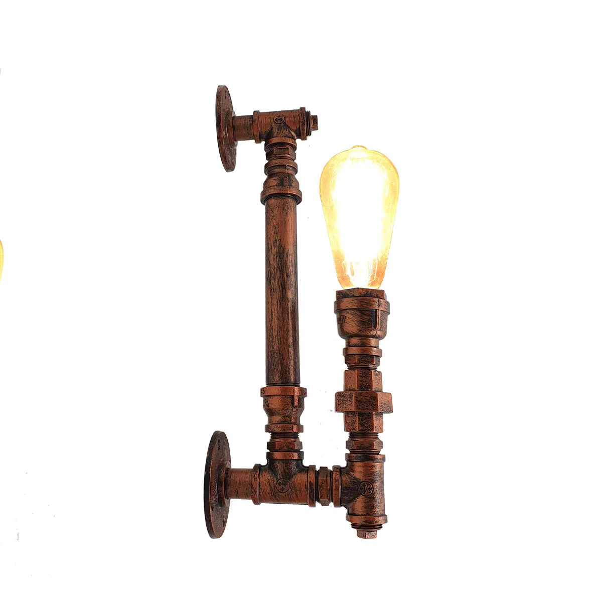 Steampunk pipe wall lamp with rustic red metal pipe frame and exposed Edison bulb mounted on indoor wall
