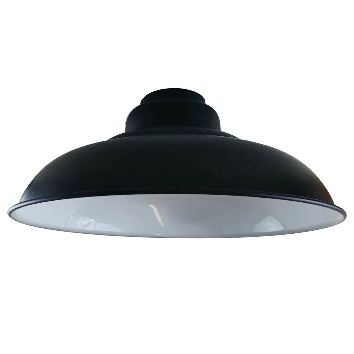 Black modern metal ceiling lampshade with glossy finish, industrial style, suitable for indoor home lighting.