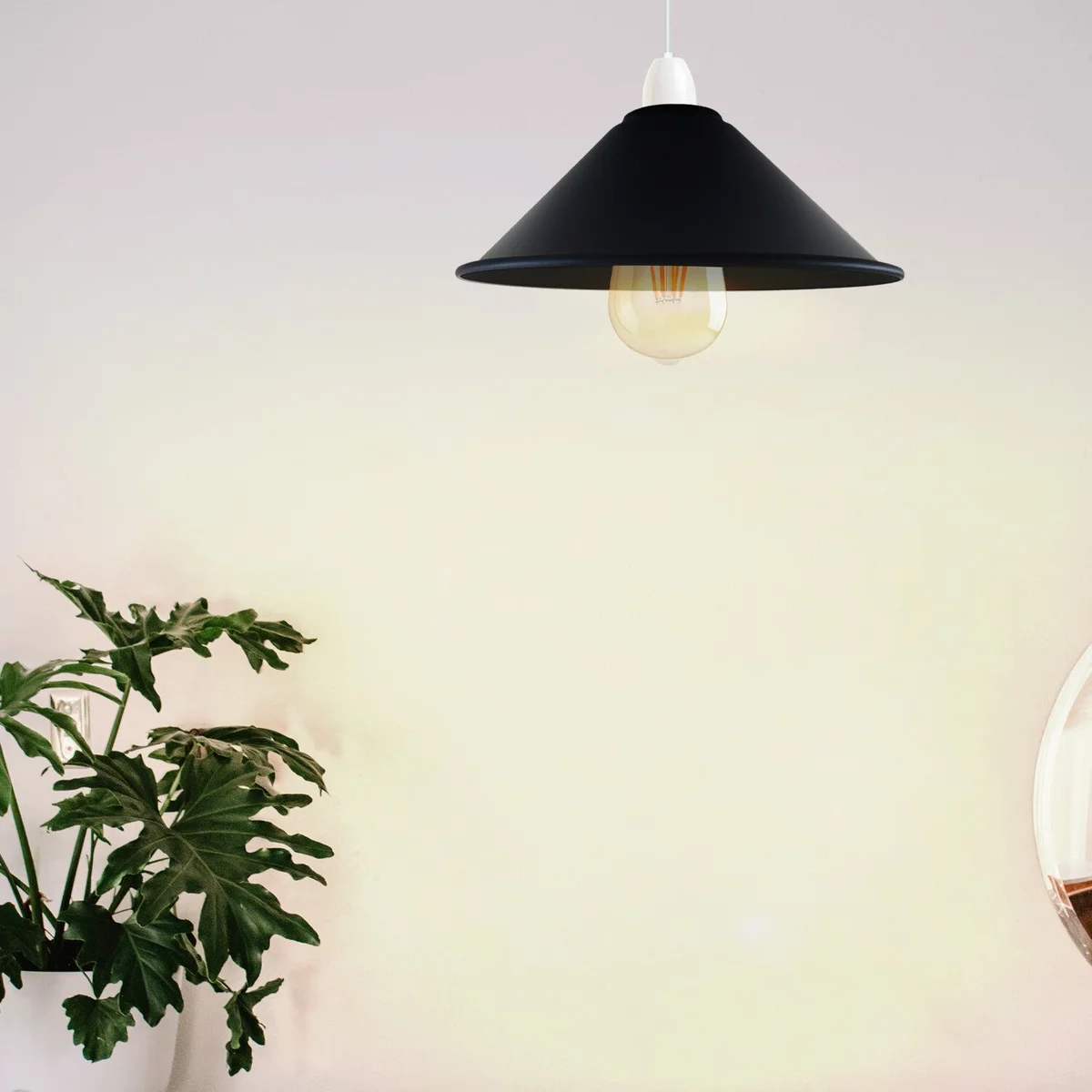 Black cone pendant light with brushed copper metal cone shade, E27 fit, modern industrial design for ceiling installation