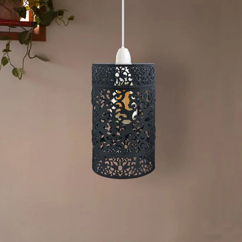 Black industrial metal pendant lampshade with open wire drum cage design, 24cm high, easy fit for E27 bulbs, no bulb included