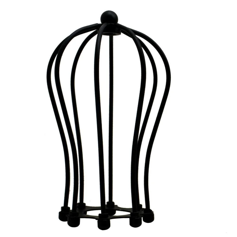 Black metal lampshade in balloon-shaped wire cage design with rustic vintage industrial style hanging light fixture