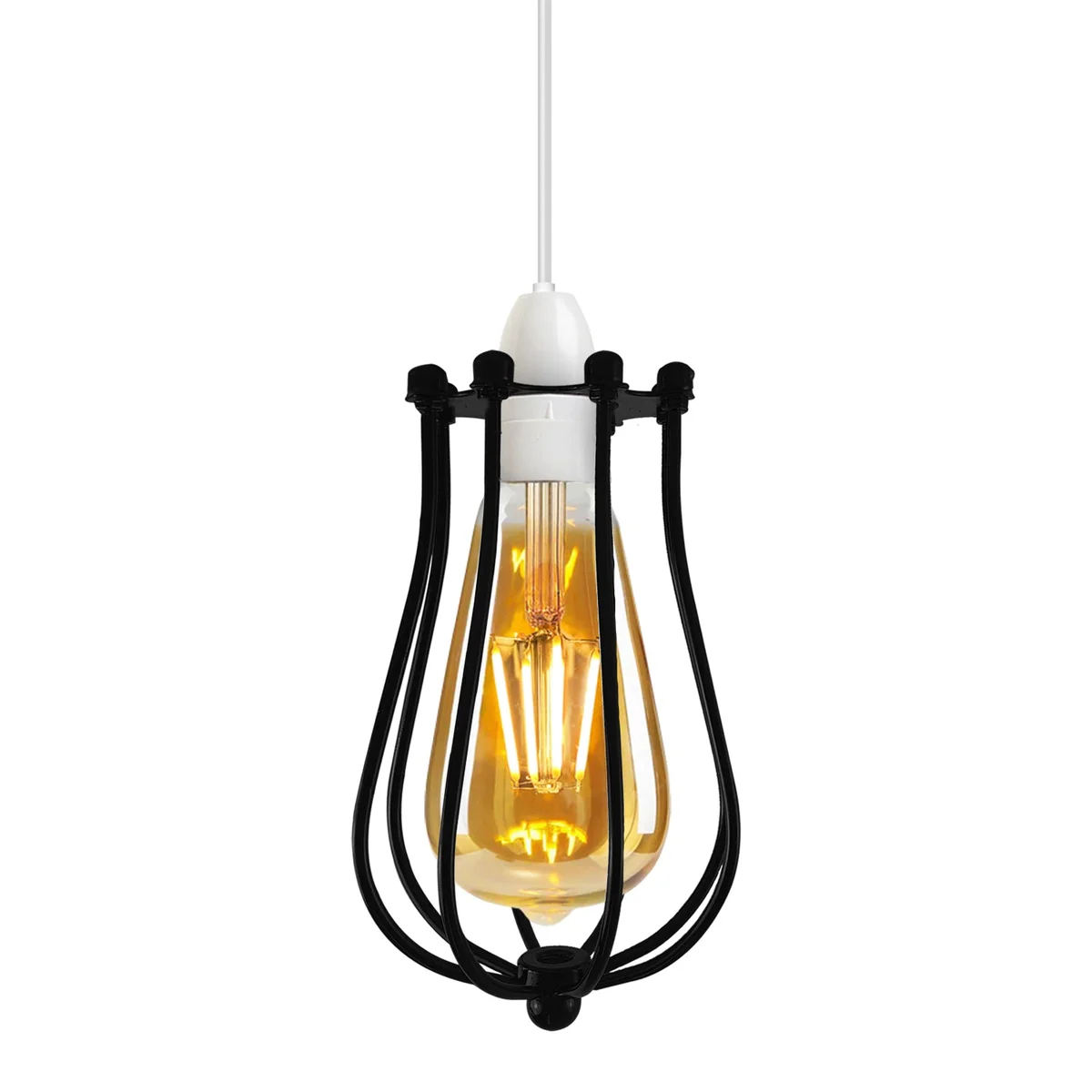 Black balloon-shaped indoor metal pendant shade with wire cage design and vintage industrial style hanging light fixture