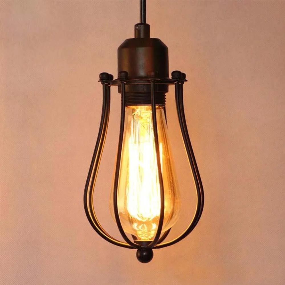 Black metal balloon-shaped rustic wire cage light hanging against a white background, showing its industrial style design