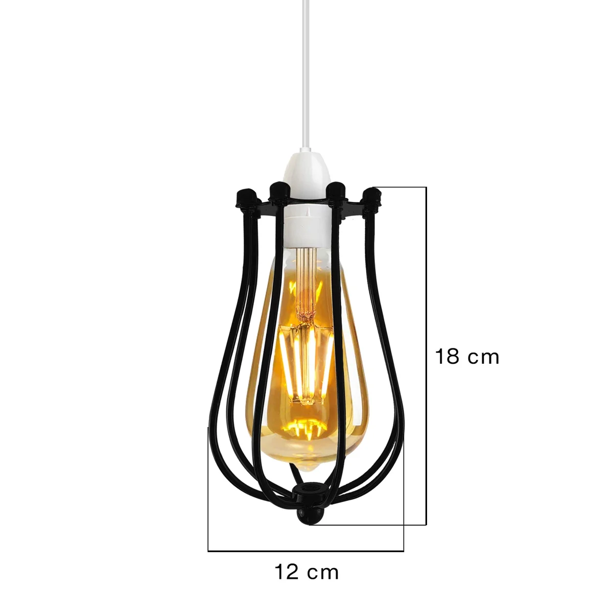 Black metal lampshade balloon cage pendant light with vintage industrial design, shown hanging indoors against a white background