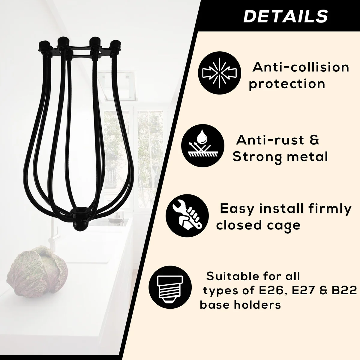 Black metal lampshade in balloon-shaped wire cage design with vintage industrial style, shown hanging indoors against white background