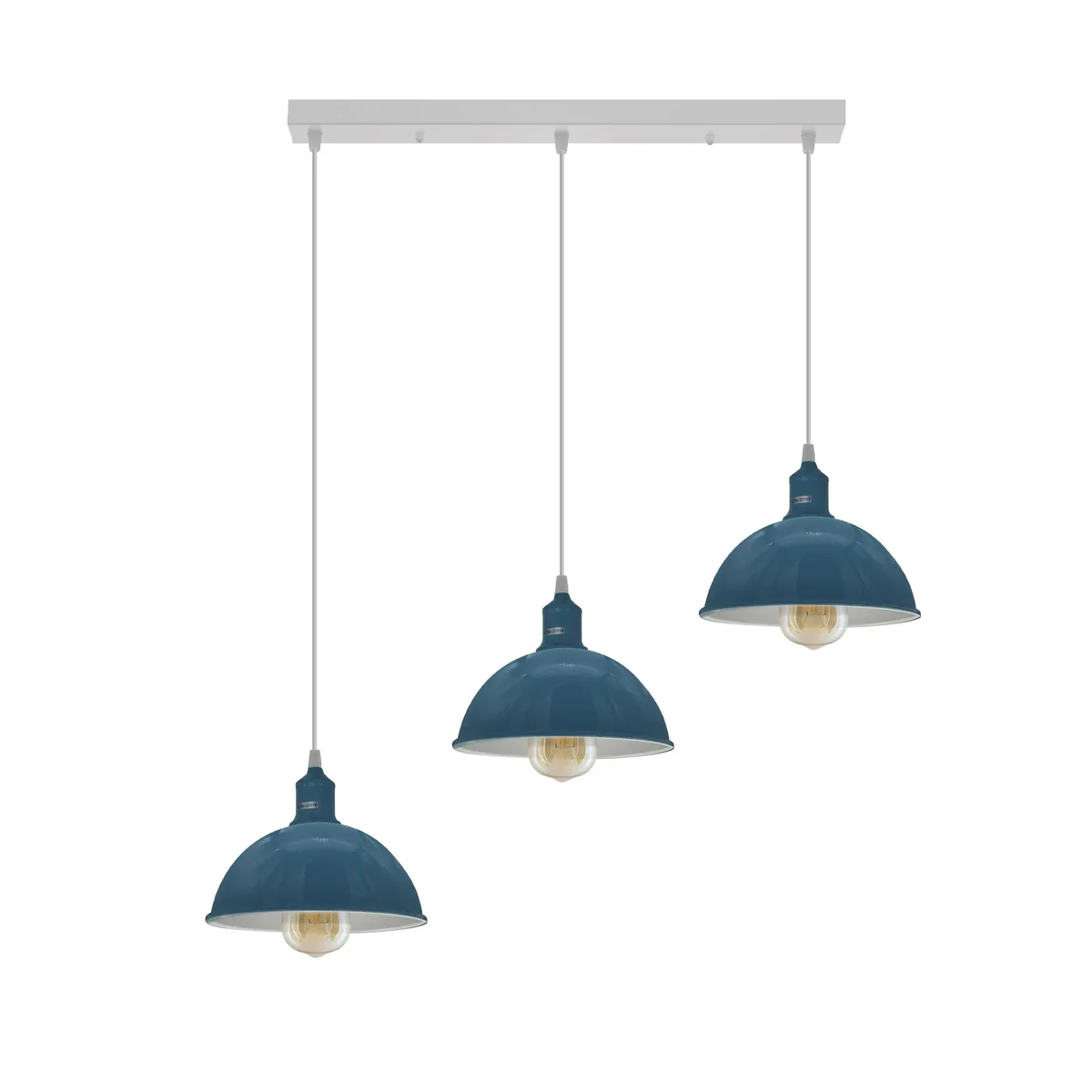 3 way pendant ceiling light with three metal dome shades hanging from adjustable cords in vintage retro style