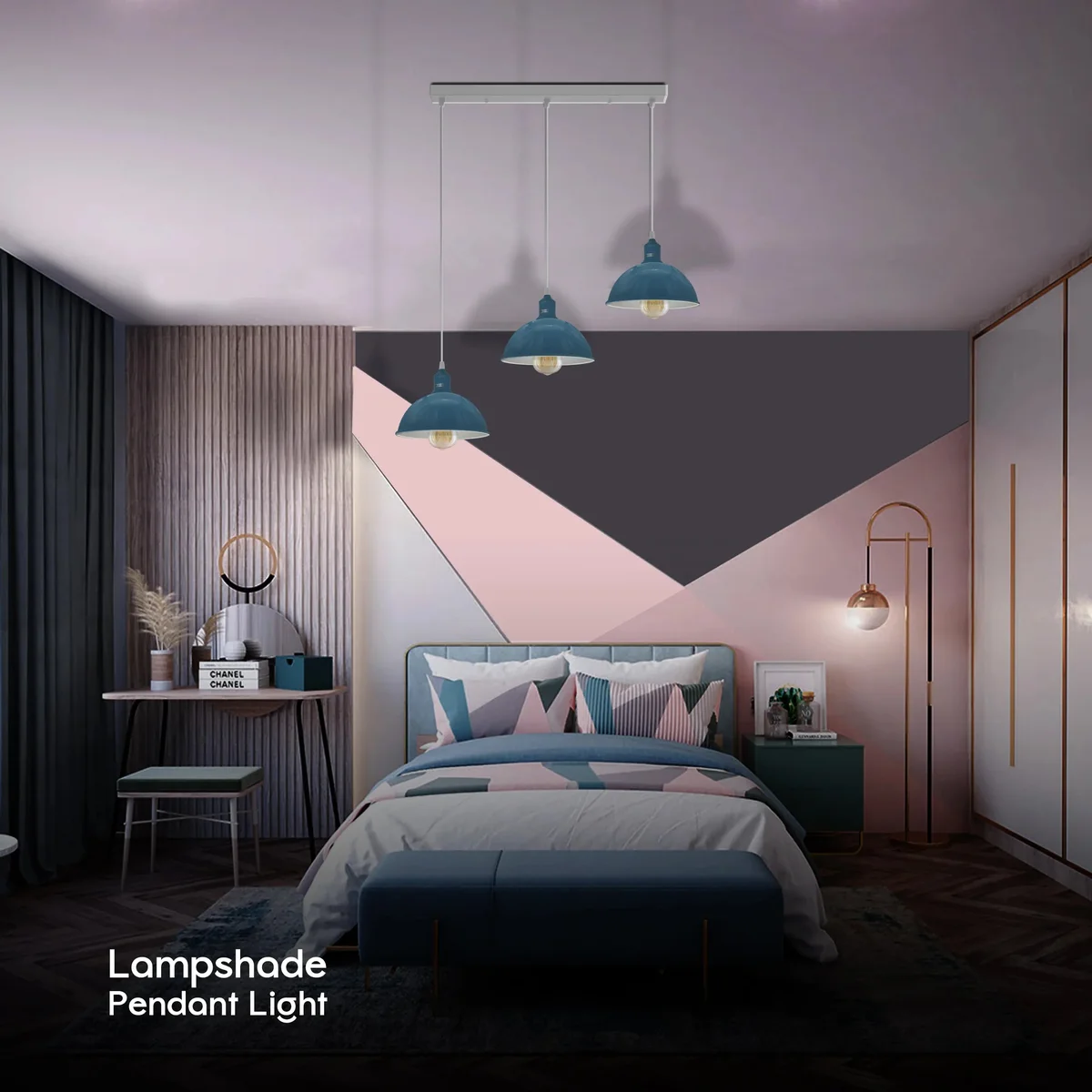 Dimmable hanging light with three 21cm metal dome shades and adjustable 95cm cords in vintage style ceiling fixture