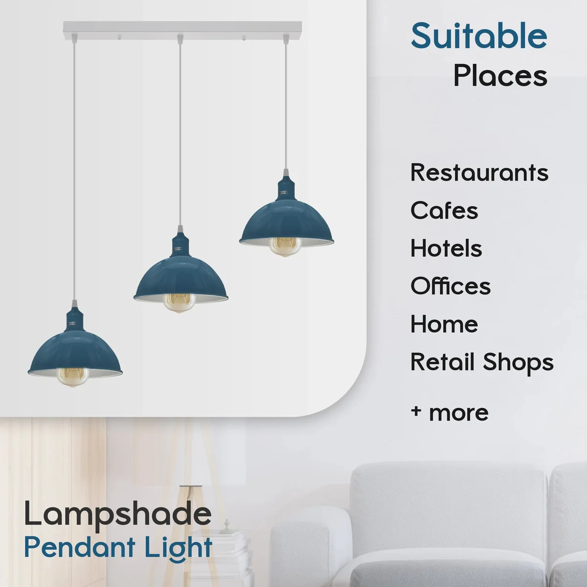 Three metal dome pendant lights with adjustable cords hanging from a ceiling rose, vintage style E27 lamp holders visible