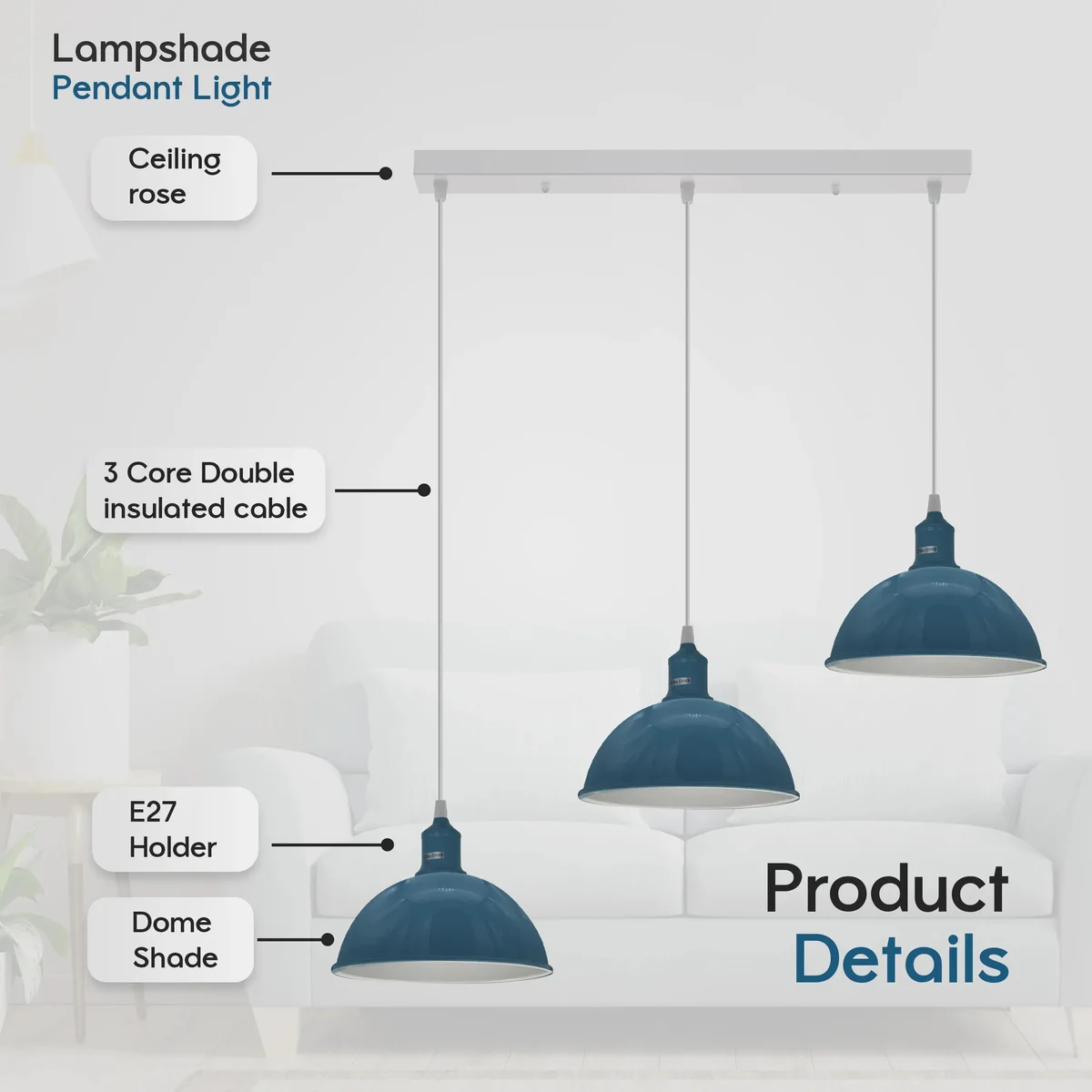 Bar 3 ceiling light with three metal dome shades hanging from adjustable cables, vintage style pendant lamp fixture
