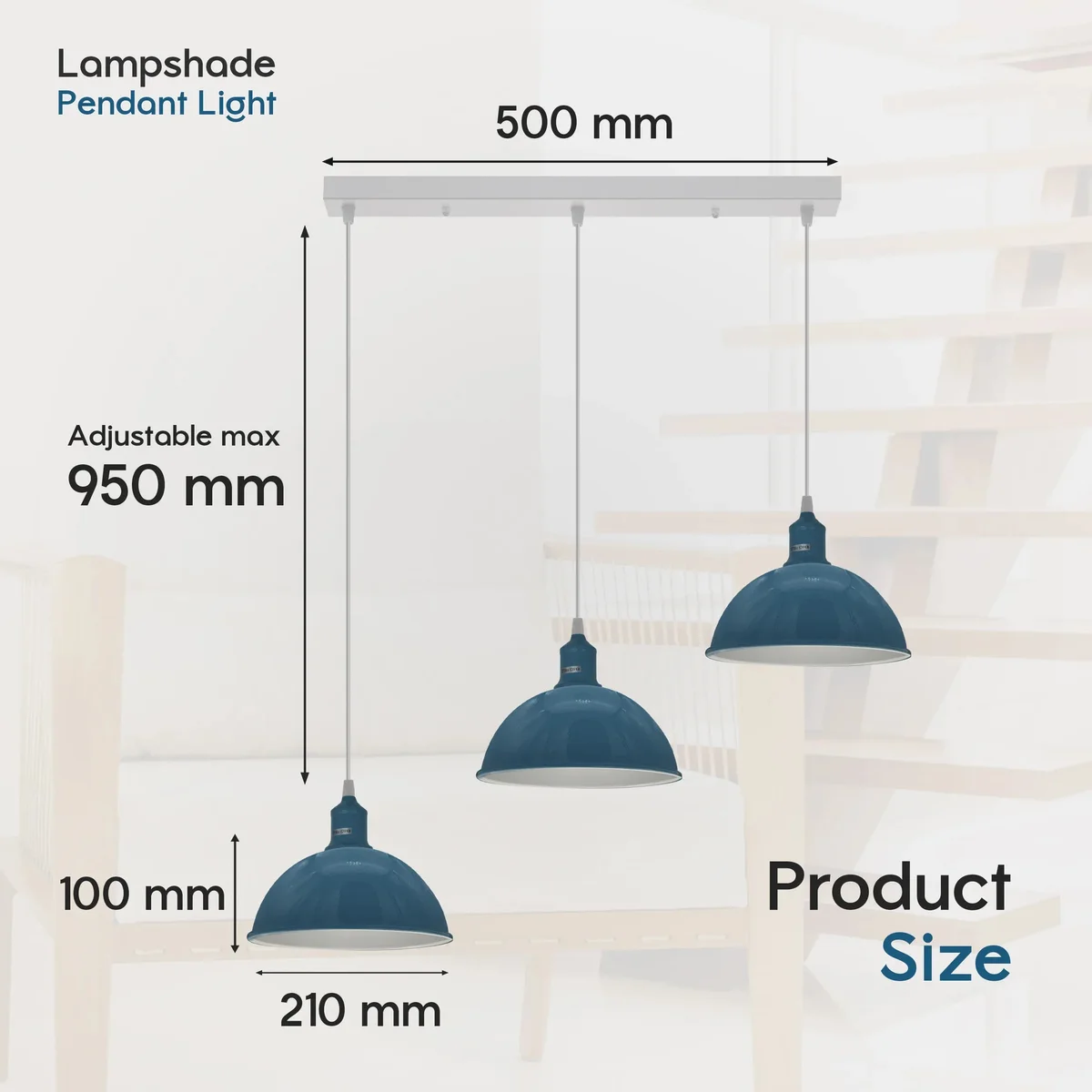 3 way pendant ceiling light with three metal dome shades hanging from adjustable cords in vintage retro style