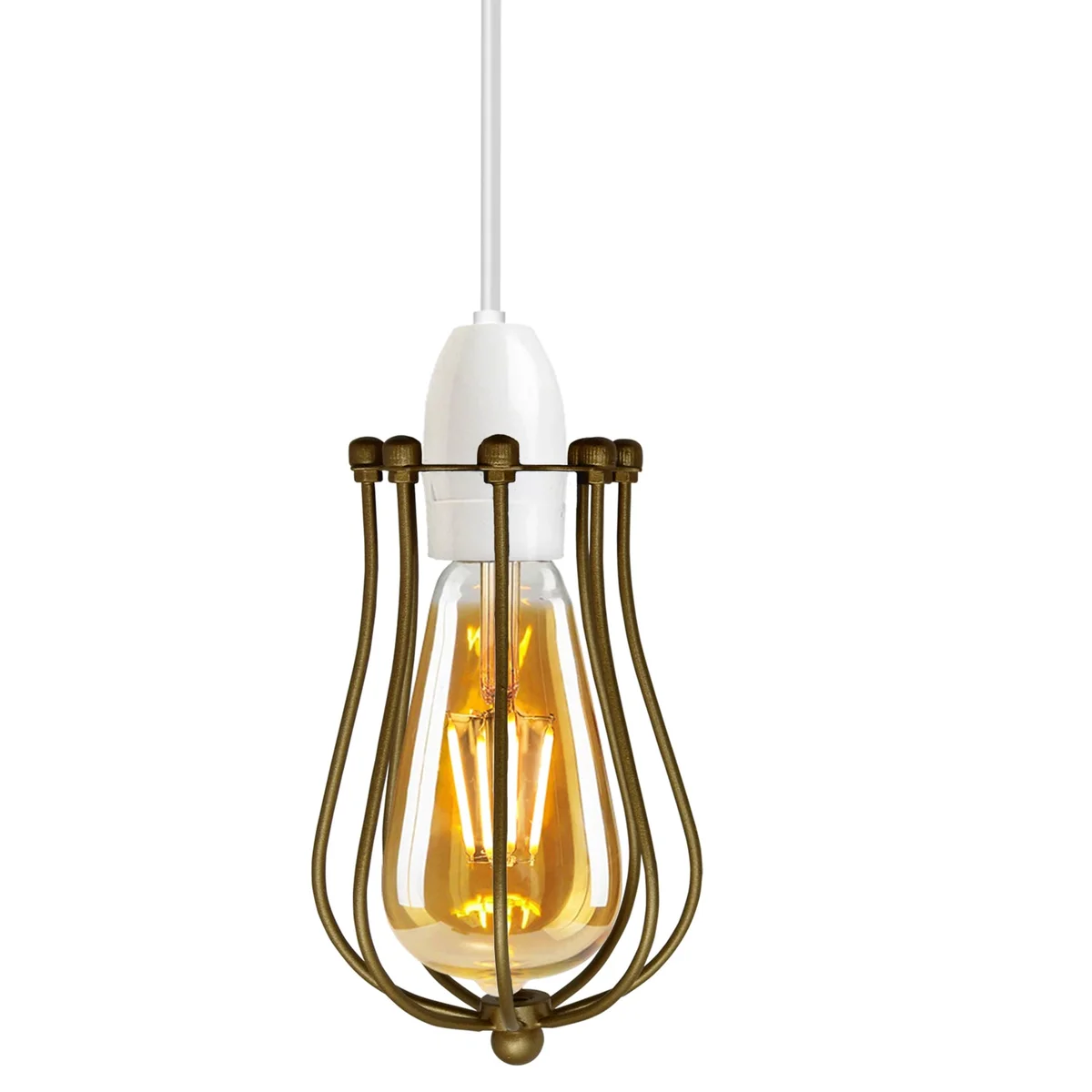 Gold balloon-shaped metal indoor hanging cage light shade with vintage industrial design on white background