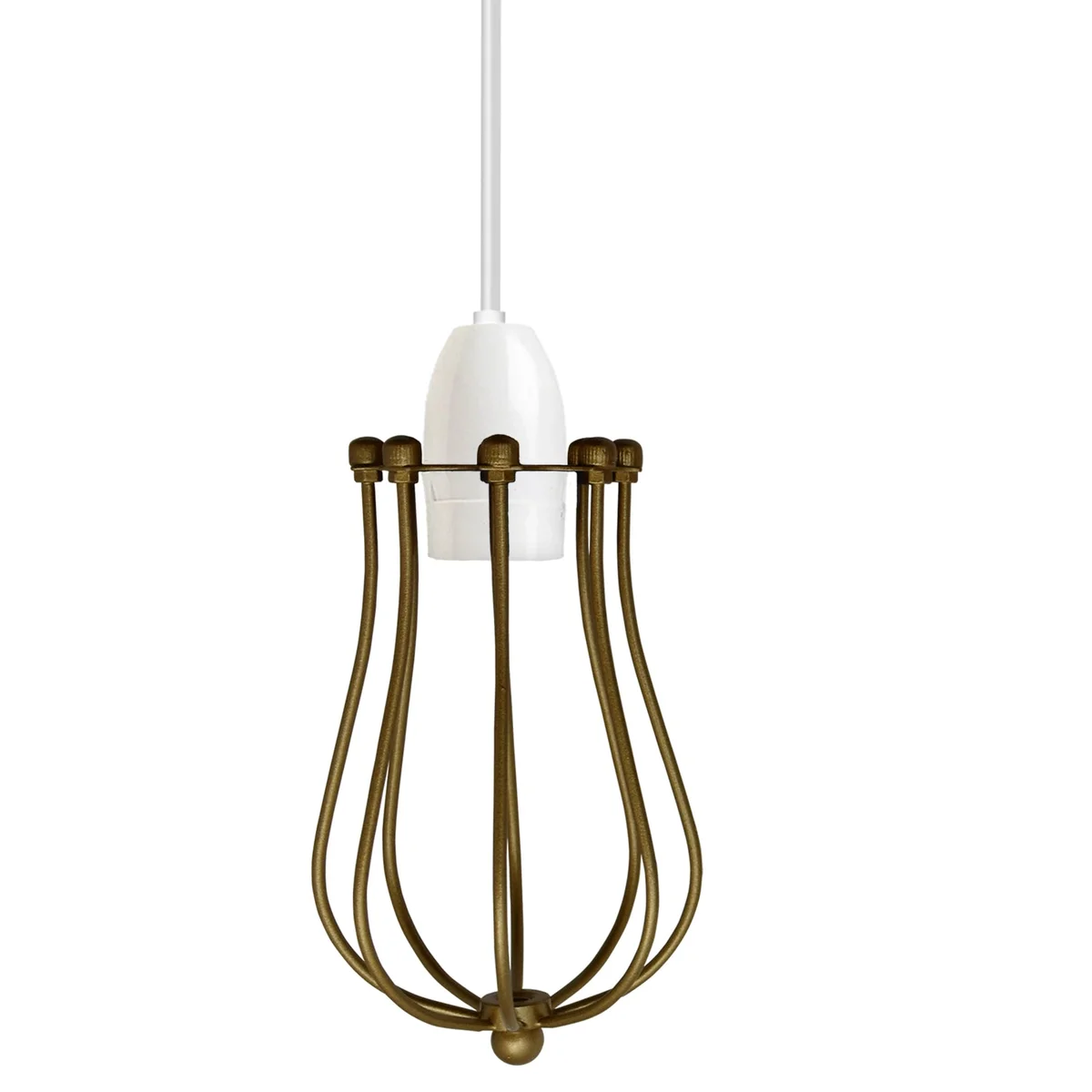 Gold balloon-shaped metal pendant shade with vintage industrial cage design, shown hanging indoors against a white background