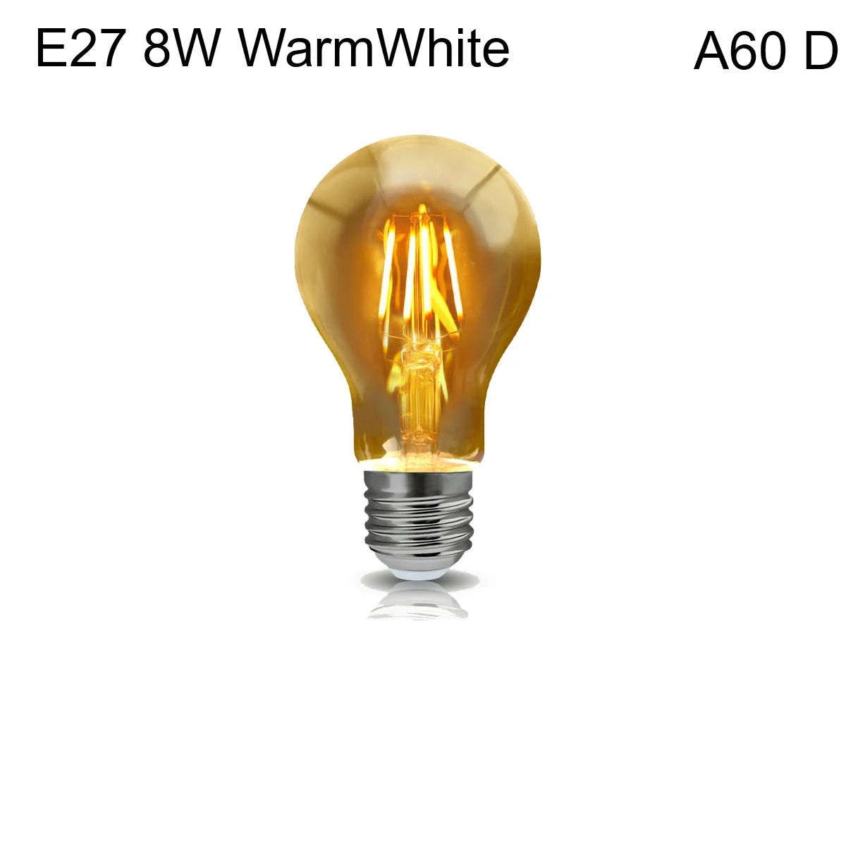 Amber vintage filament bulb A60 LED dimmable E27 8W with glowing filament and glass finish on white background