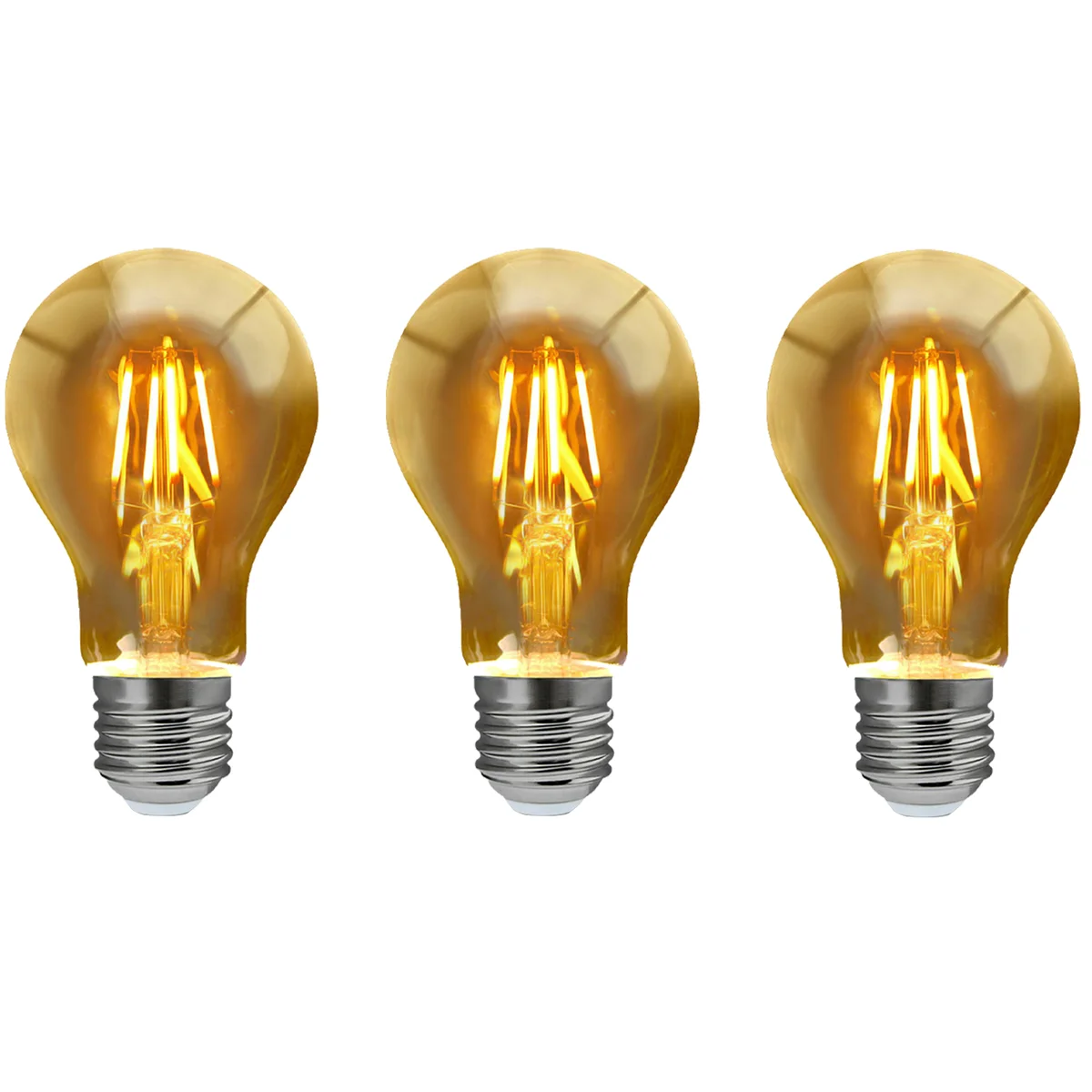 Amber glass warm white LED bulb with visible filament, E27 base, dimmable A60 shape, 8W 2700K light glow