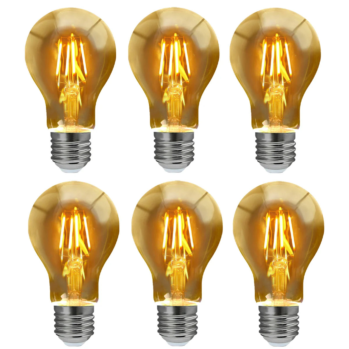 Amber glass LED dimmable bulb with E27 base, glowing filament design, ideal for vintage-style lighting fixtures
