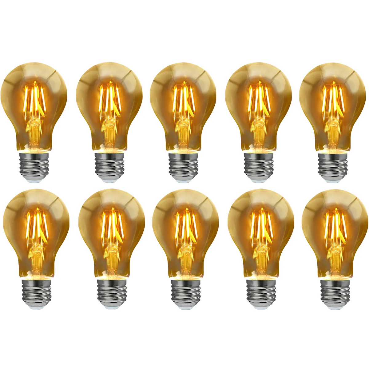 Amber glass LED dimmable bulb with E27 base, vintage filament style, glowing warmly against a dark background