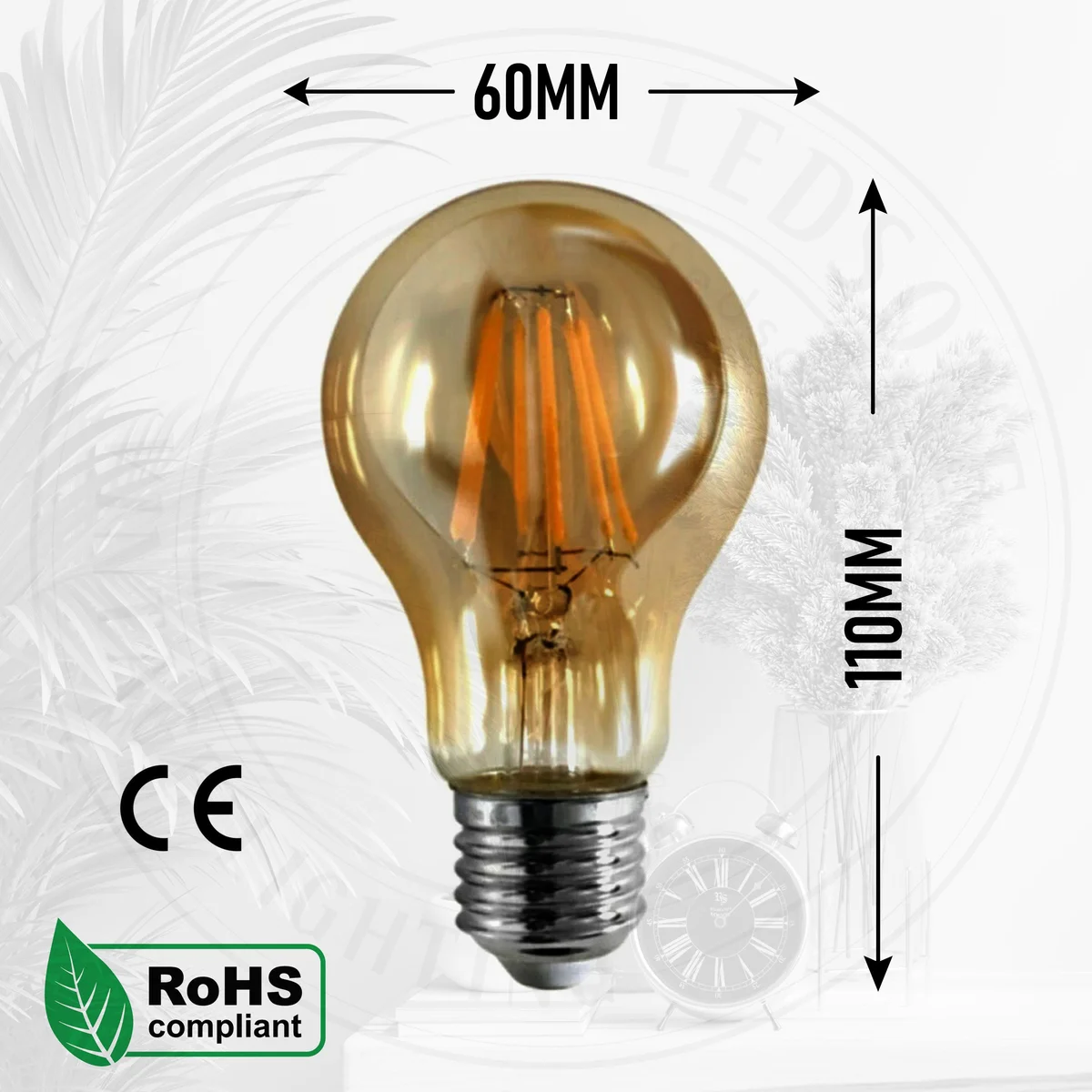 Amber glass LED dimmable bulb with filament design, E27 base, glowing warmly against a dark background