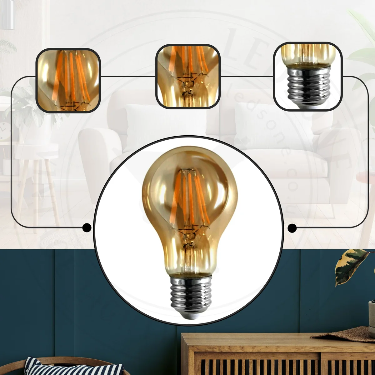 Amber glass LED dimmable bulb with E27 base, classic filament design, glowing warmly against a dark background