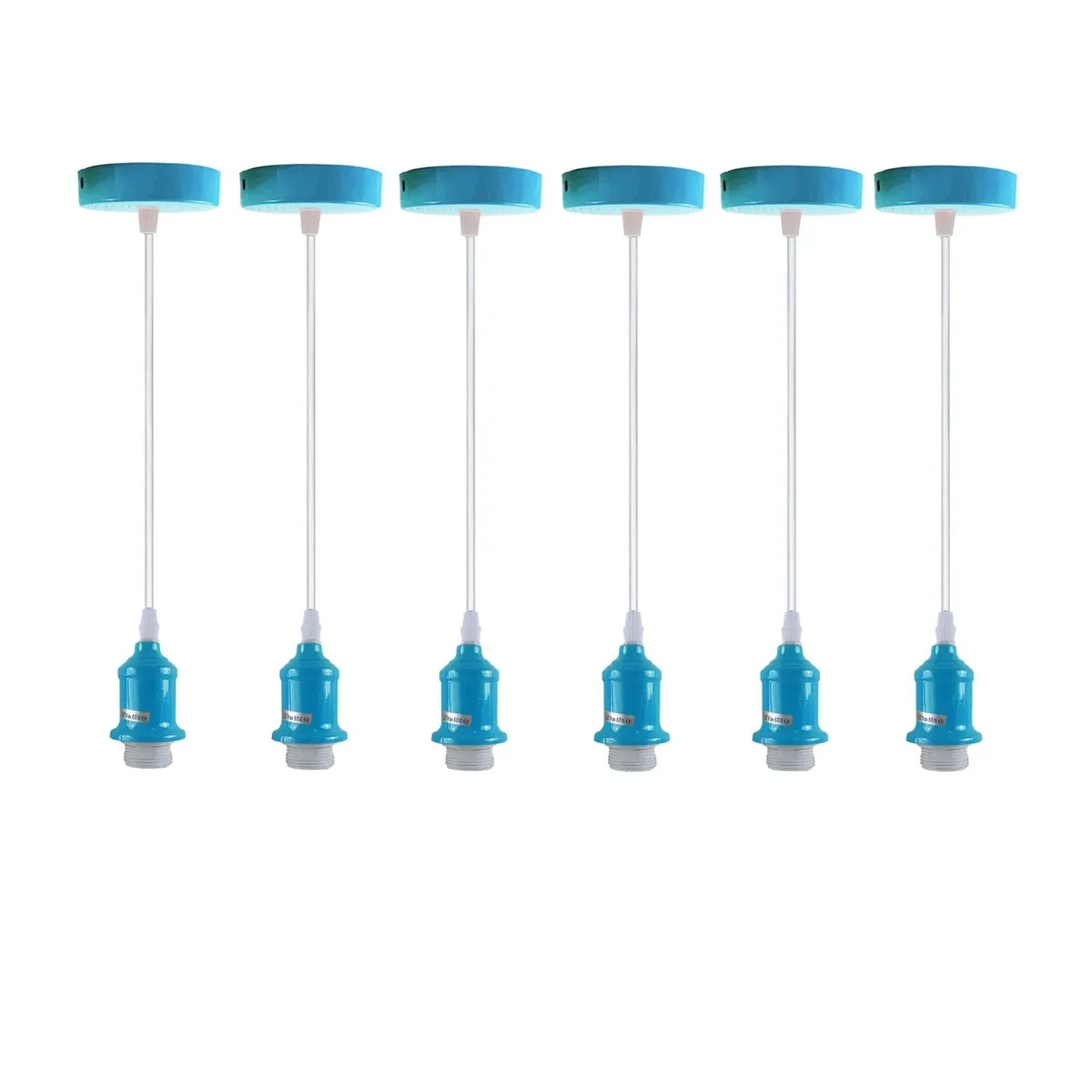 Set of six blue vintage pendant light holders with 95cm PVC cables and ceiling roses for indoor use