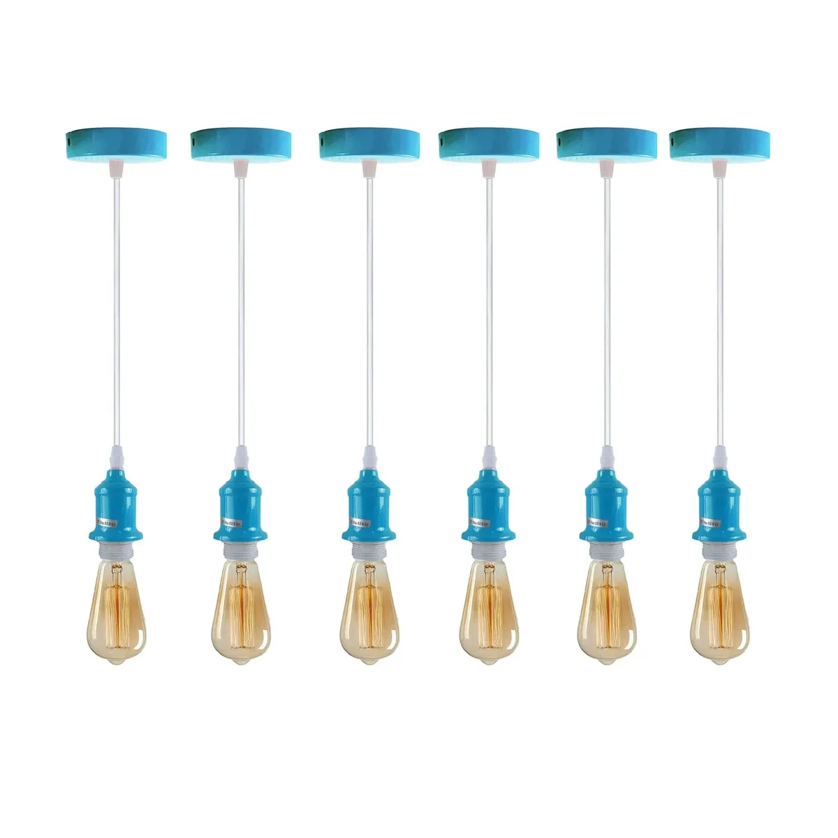 Six blue vintage pendant light holders with 95cm PVC cables and ceiling roses arranged on a white background