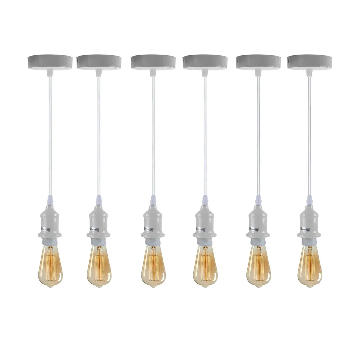 Set of six white vintage pendant light fittings with adjustable cables and ceiling roses for indoor use