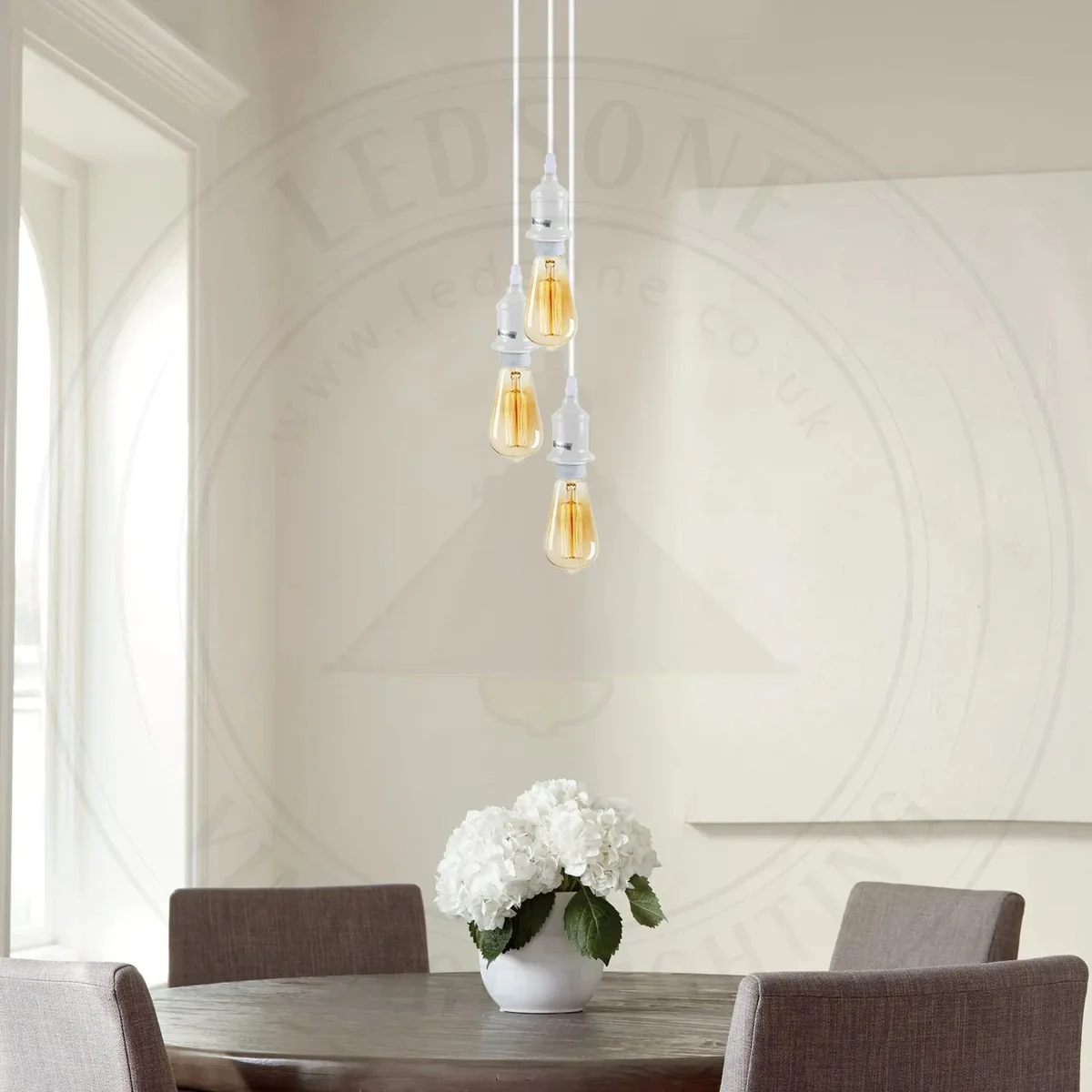 Six white industrial pendant light fittings with adjustable cables, suitable as dimmable ceiling light fixtures for indoor use