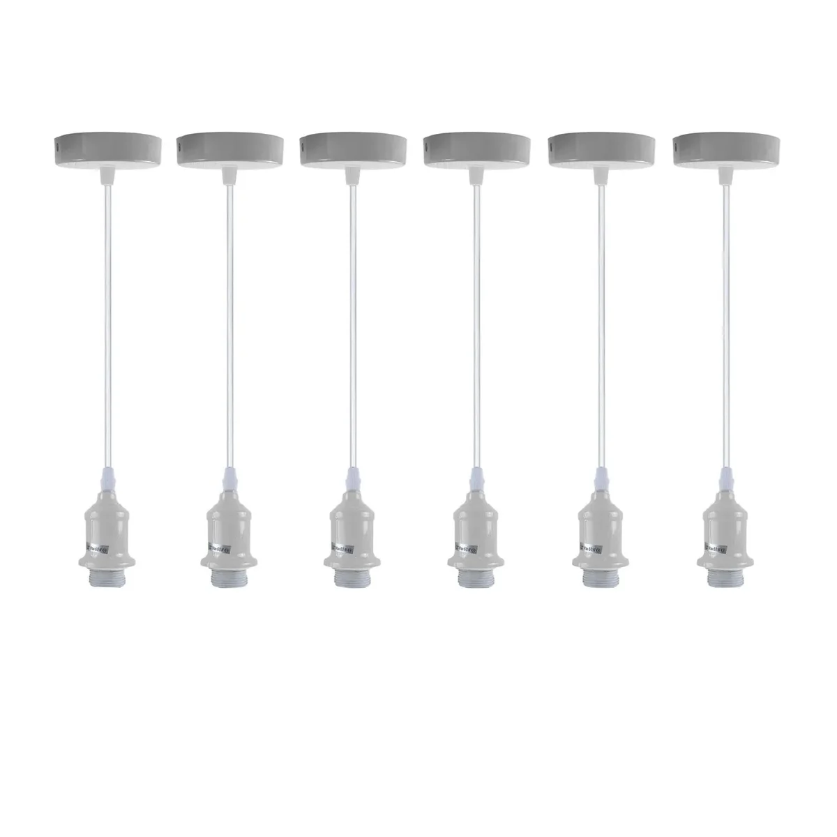 Six white industrial pendant light fittings with metal holders and adjustable 95cm cables hanging against a white background