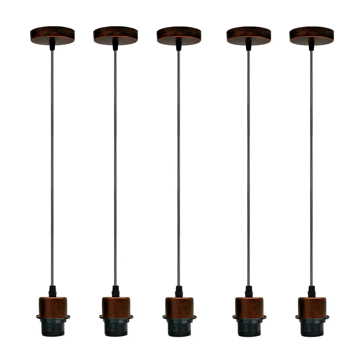 Five rustic pendant light holders with red metal finish and 95cm cables, suitable for E27 bulbs, shown on white background