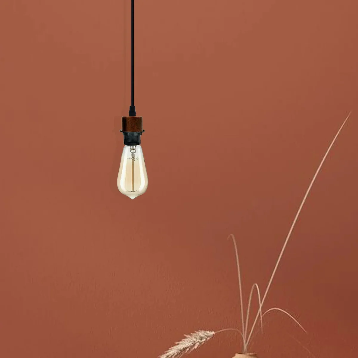Five rustic red E27 pendant holders with 95cm cables and ceiling roses arranged on a white background