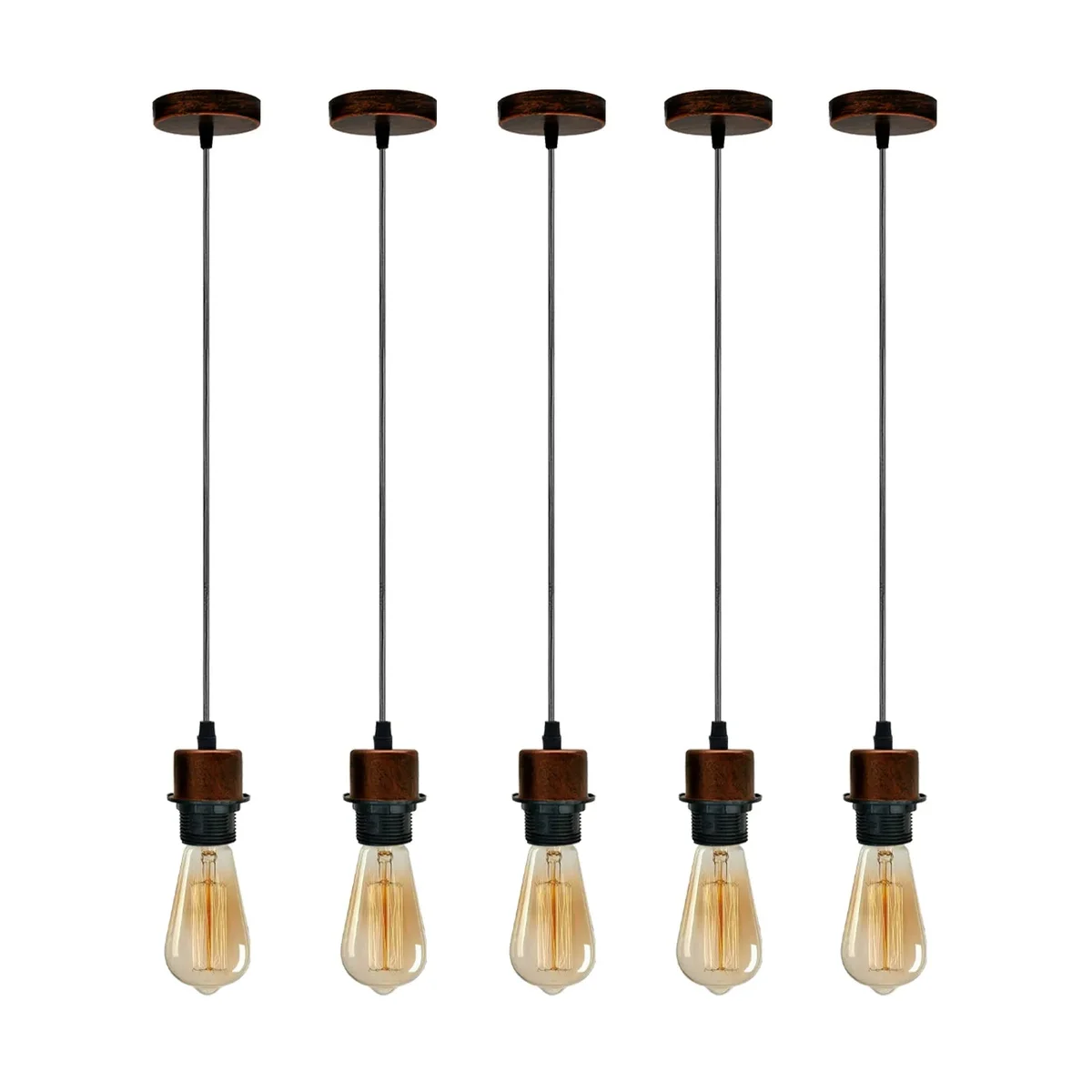Five rustic pendant light holders with red metal finish and 95cm cables, ideal for vintage E27 bulbs, shown on white background