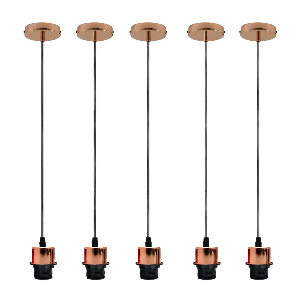 Set of five rose gold pendant light holders with adjustable 95cm PVC cables and ceiling roses for indoor use
