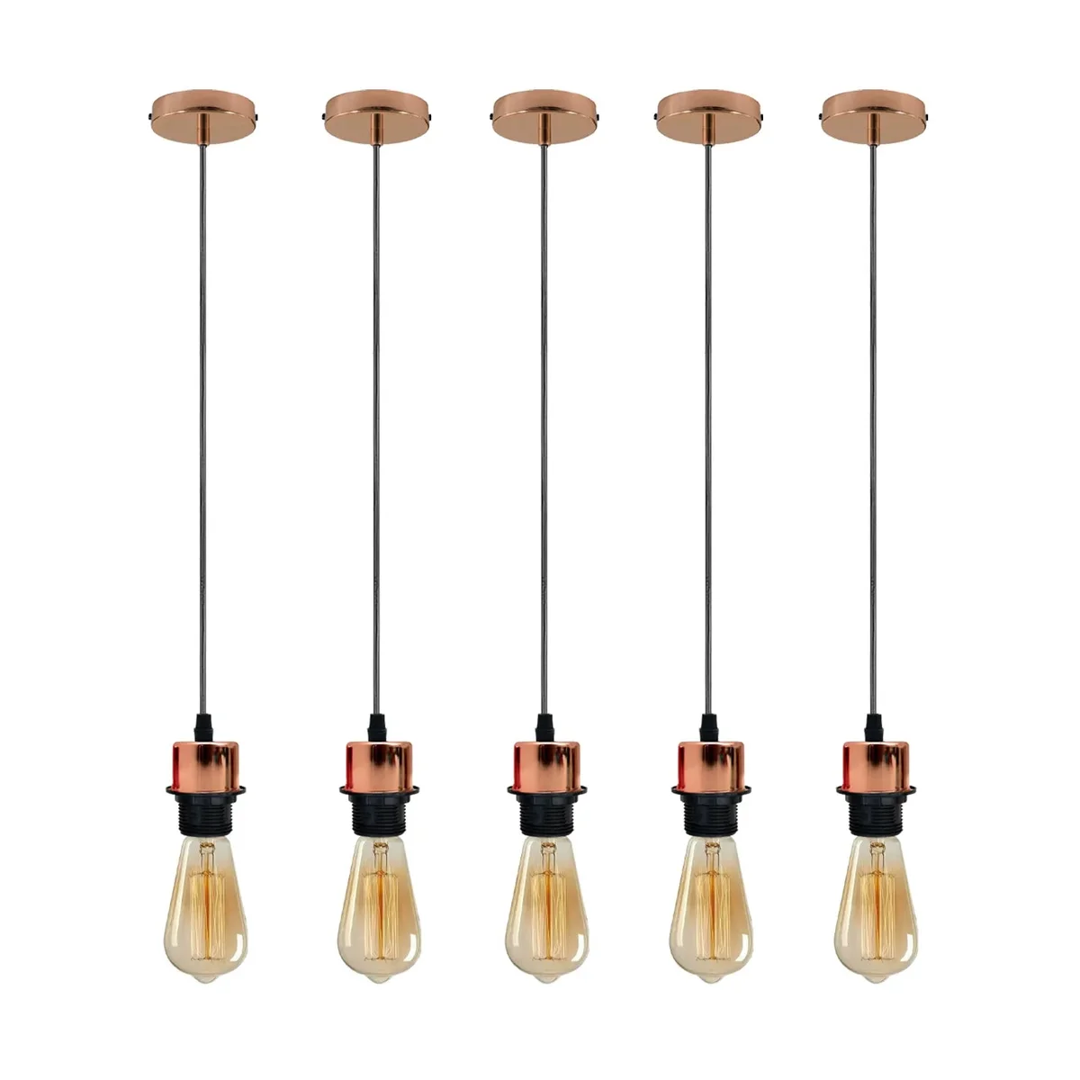 Five rose gold indoor metal pendant lights with adjustable PVC cables and ceiling roses displayed against a white background